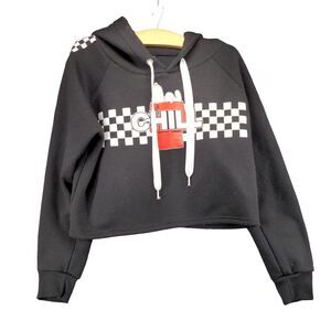 Wear Code Snoopy Chill Check Trim Cropped Hoodie Sweatshirt Womens Large Black